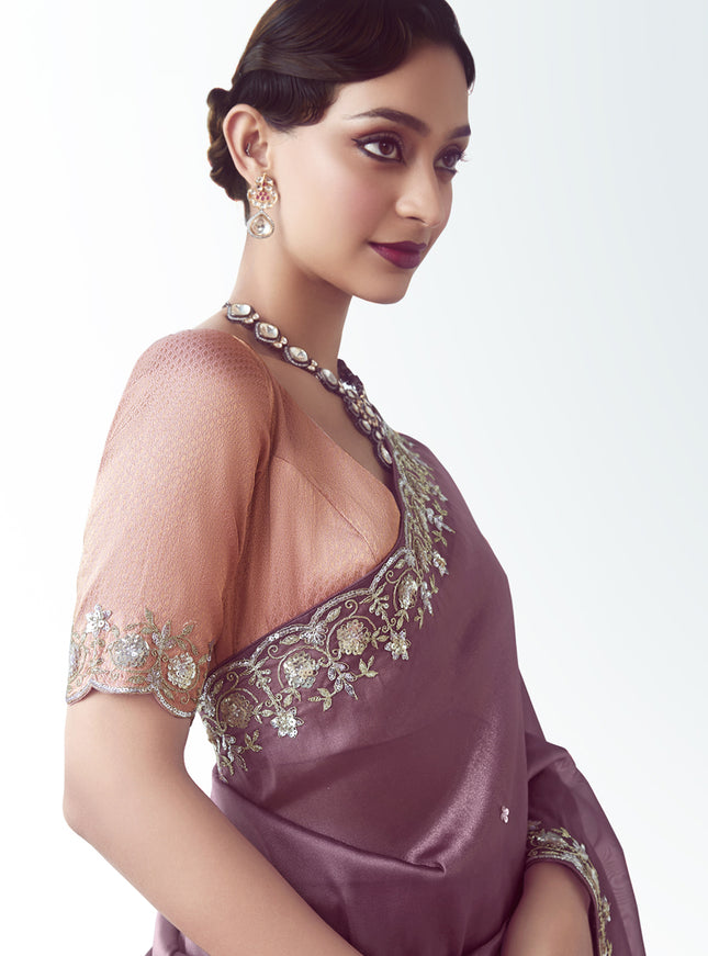 Unique Dusty Wine Tissue Organza Embroidered Wedding Saree