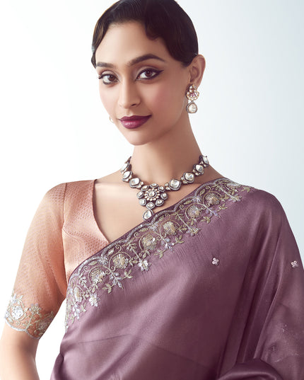 Unique Dusty Wine Tissue Organza Embroidered Wedding Saree