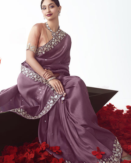 Unique Dusty Wine Tissue Organza Embroidered Wedding Saree