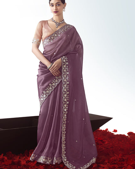 Unique Dusty Wine Tissue Organza Embroidered Wedding Saree