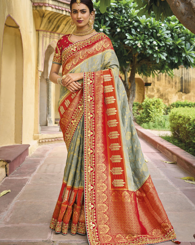 Grey Pure Dola Viscose Designer Saree