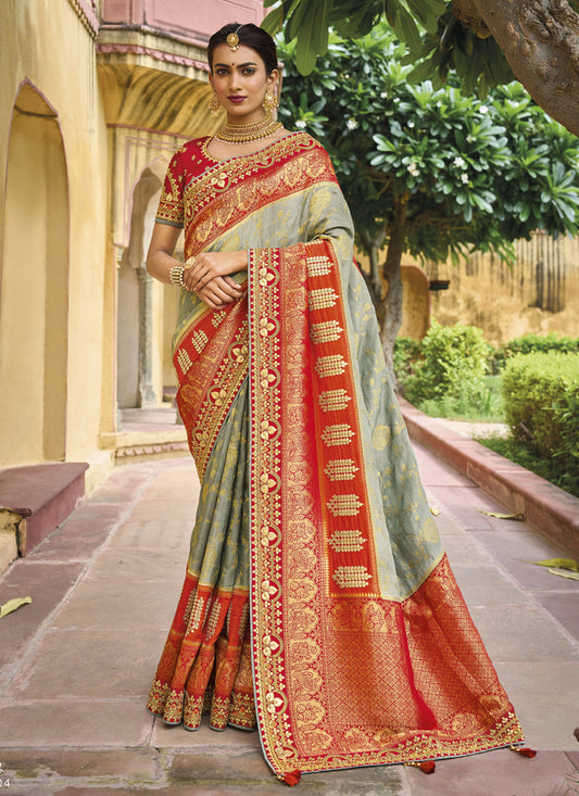 Grey Pure Dola Viscose Designer Saree