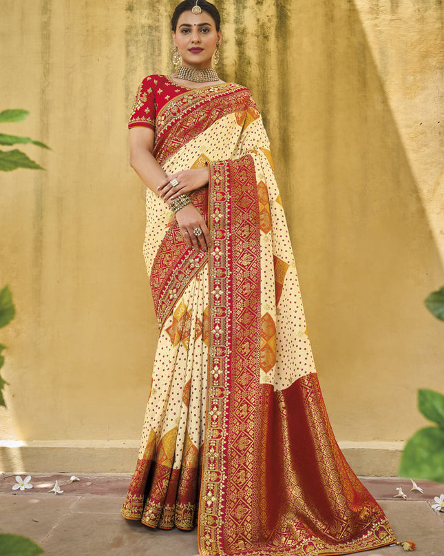 Cream Pure Dola Viscose Designer Saree