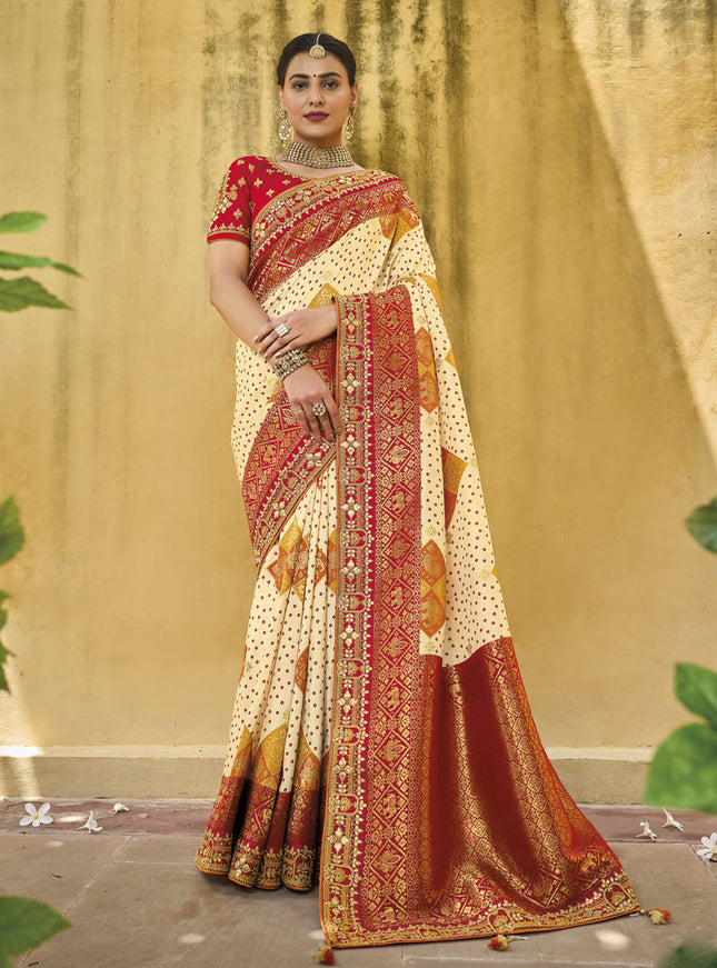 Cream Pure Dola Viscose Designer Saree