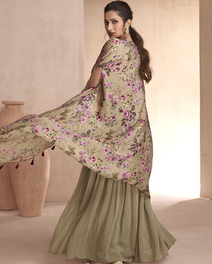 Khaki Chinnon Silk Palazzo with Choli and Printed Jacket