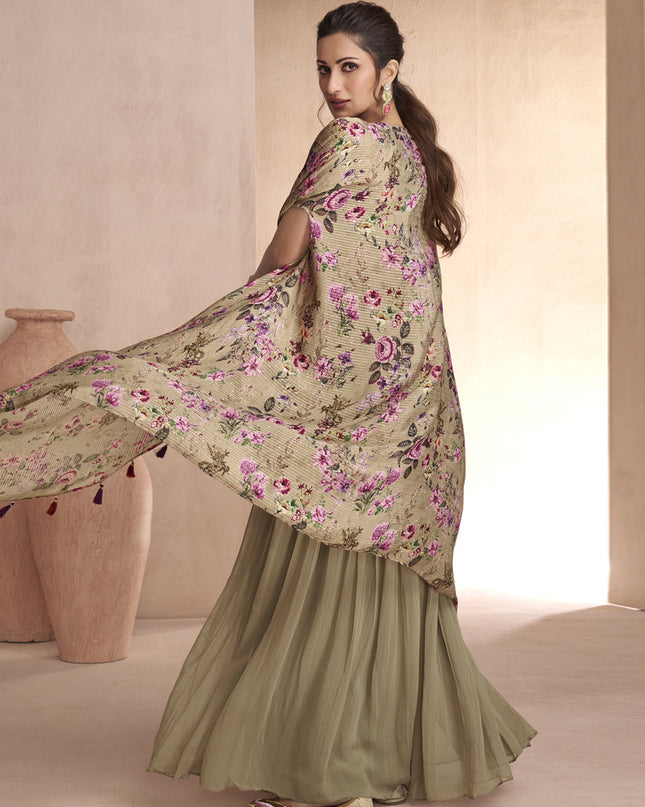 Khaki Chinnon Silk Palazzo with Choli and Printed Jacket