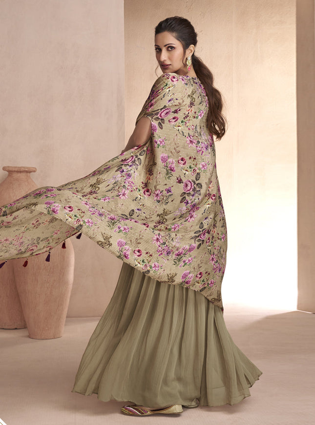 Khaki Chinnon Silk Palazzo with Choli and Printed Jacket