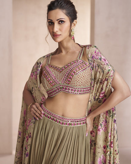 Khaki Chinnon Silk Palazzo with Choli and Printed Jacket