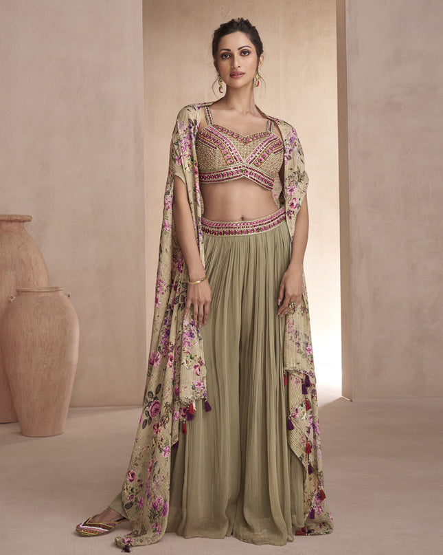 Khaki Chinnon Silk Palazzo with Choli and Printed Jacket