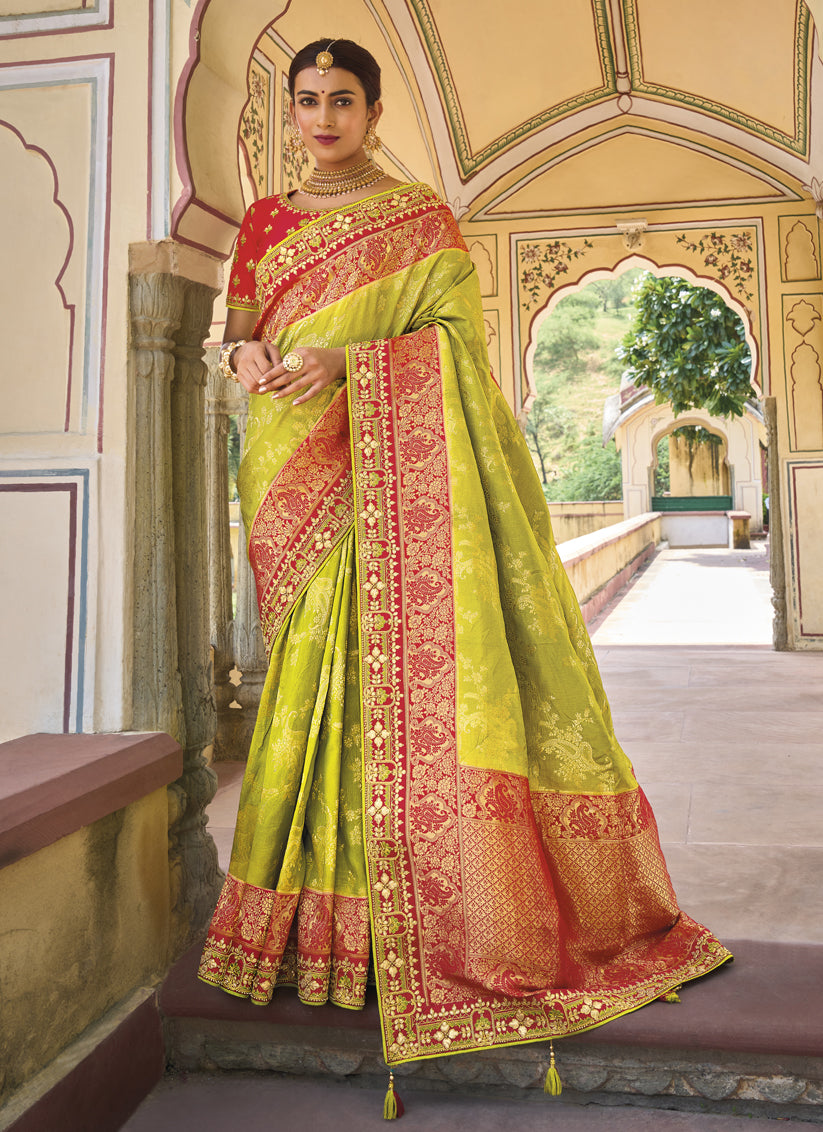 Lime Green Pure Dola Viscose Designer Saree