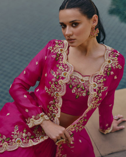 Rani Pink Georgette Embroidered Designer IndoWestern