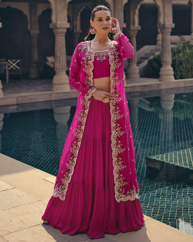 Rani Pink Georgette Embroidered Designer IndoWestern