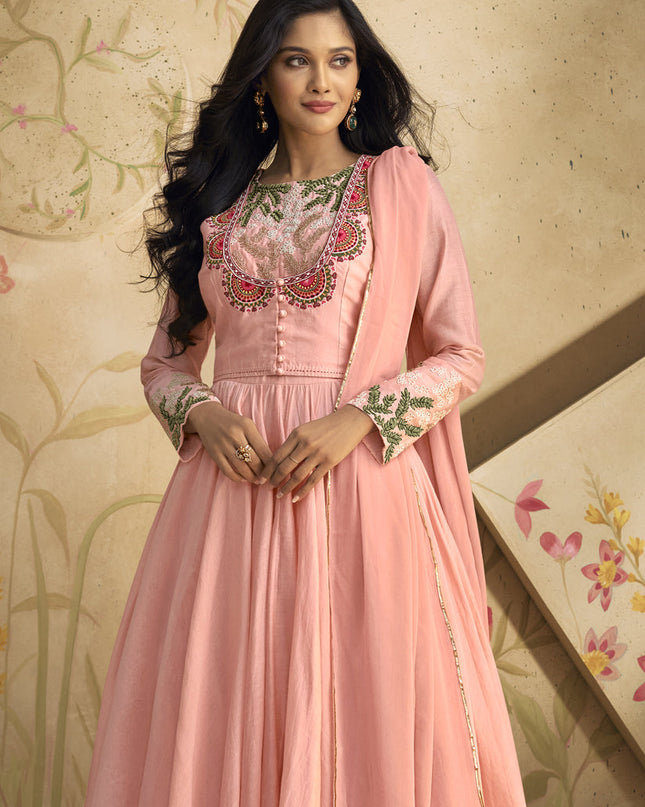 Coral Pink Pure Silk Embroidered Anarkali Suit