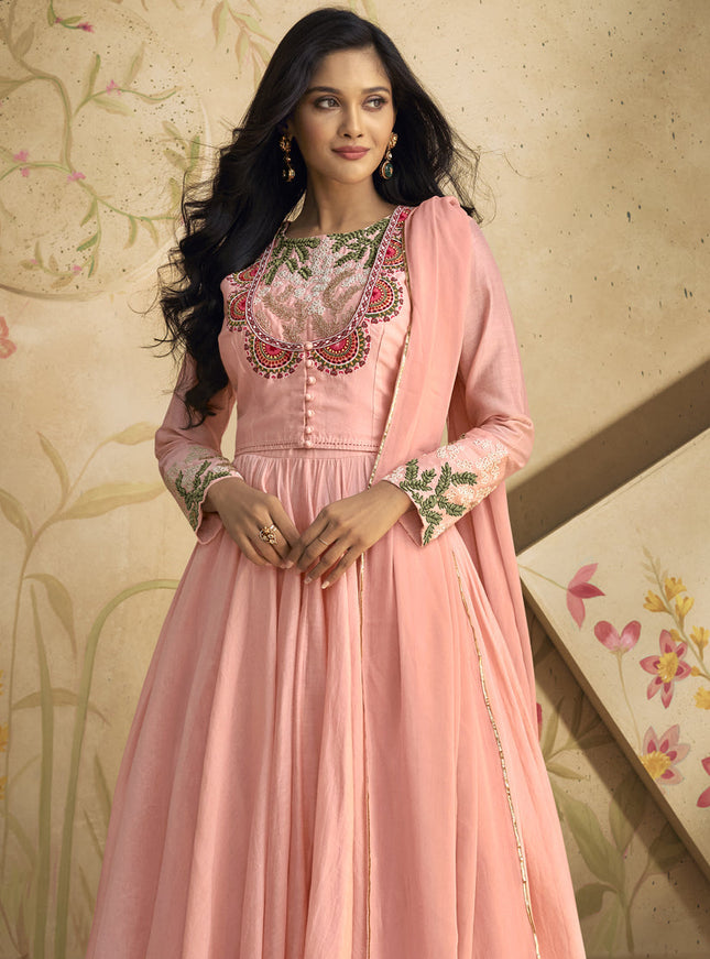Coral Pink Pure Silk Embroidered Anarkali Suit