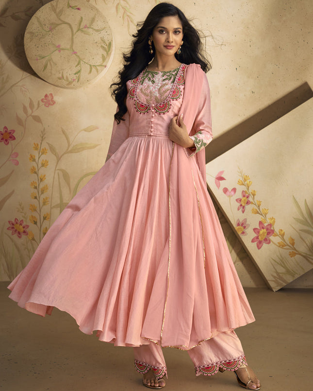 Coral Pink Pure Silk Embroidered Anarkali Suit