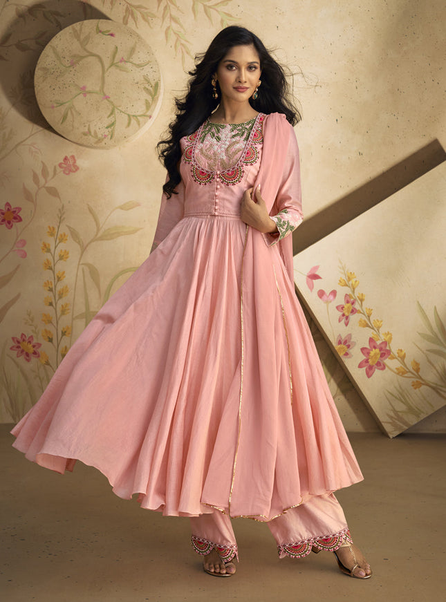 Coral Pink Pure Silk Embroidered Anarkali Suit