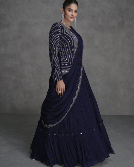 Midnight Blue Designer Embroidered IndoWestern Lehenga Set