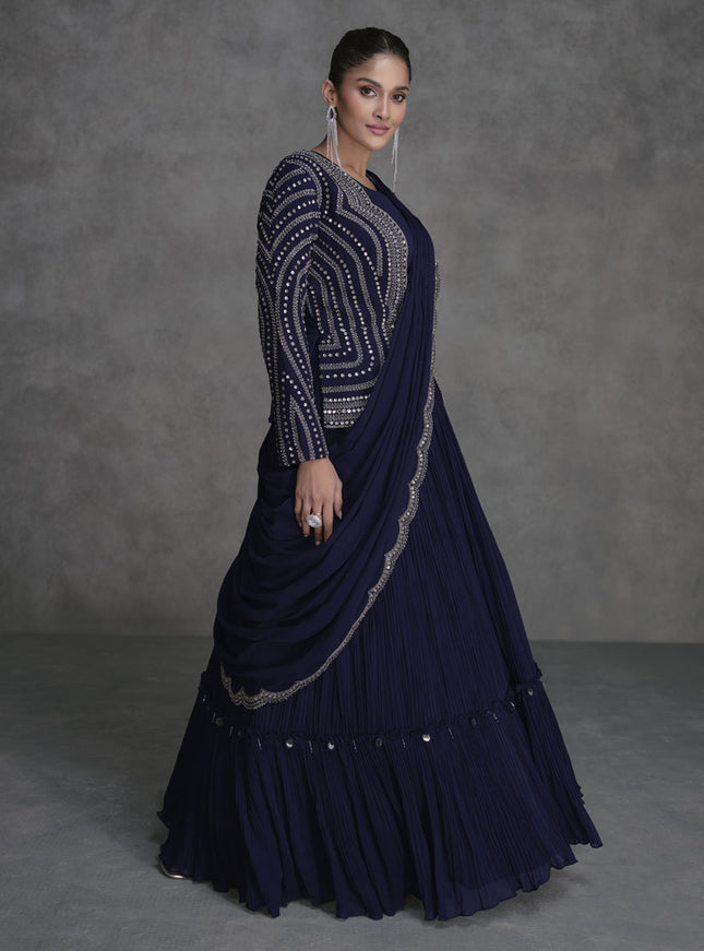 Midnight Blue Designer Embroidered IndoWestern Lehenga Set