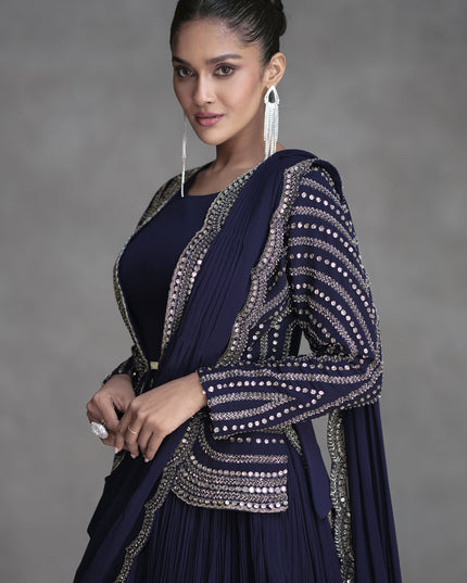 Midnight Blue Designer Embroidered IndoWestern Lehenga Set