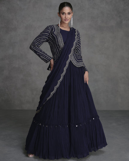 Midnight Blue Designer Embroidered IndoWestern Lehenga Set