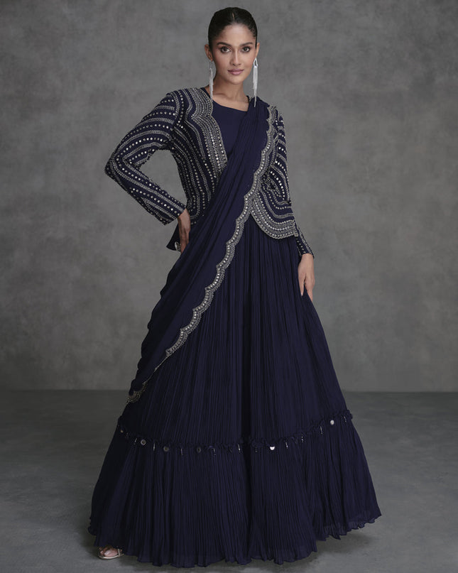 Midnight Blue Designer Embroidered IndoWestern Lehenga Set
