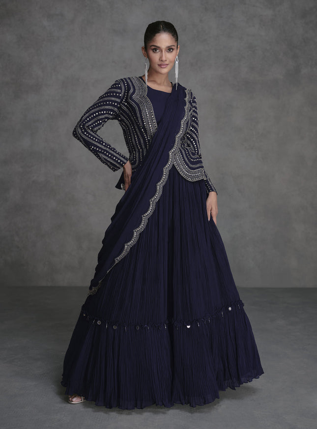 Midnight Blue Designer Embroidered IndoWestern Lehenga Set