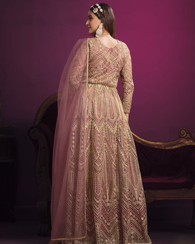 Fabulous Old Rose Net Embroidered Designer Pant Kameez