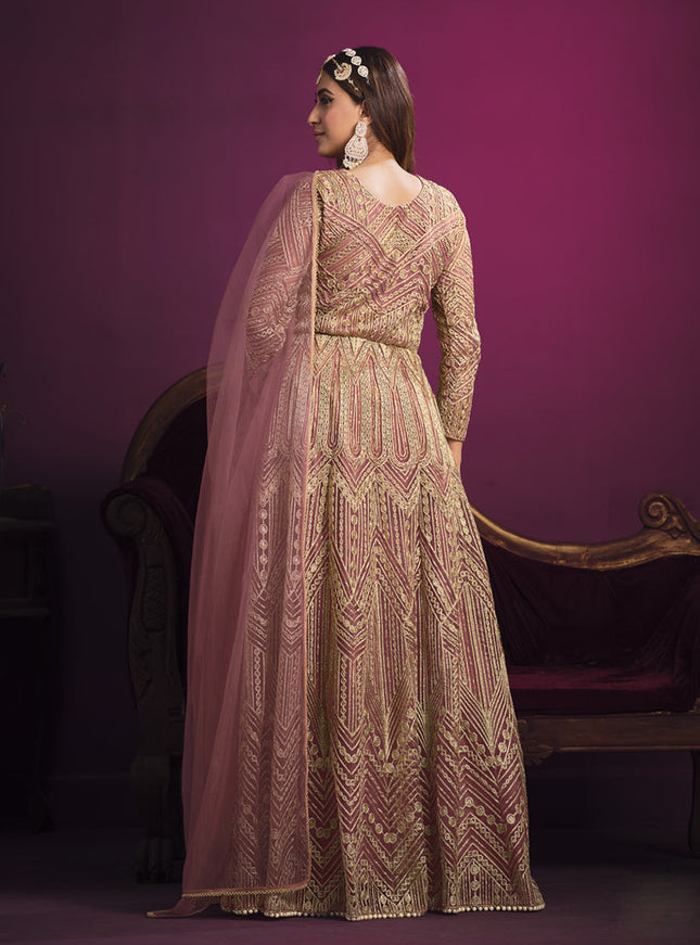 Fabulous Old Rose Net Embroidered Designer Pant Kameez