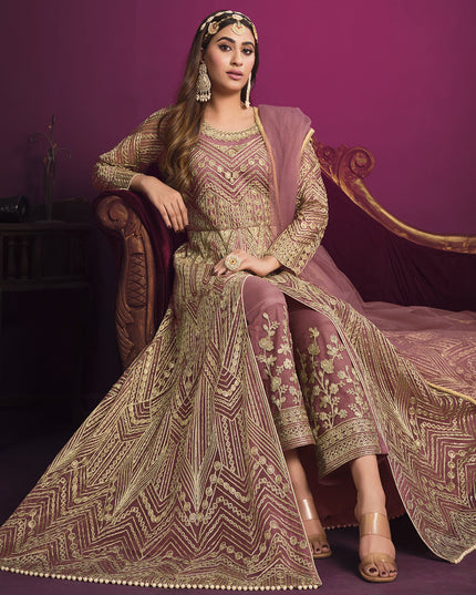 Fabulous Old Rose Net Embroidered Designer Pant Kameez