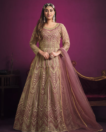 Fabulous Old Rose Net Embroidered Designer Pant Kameez