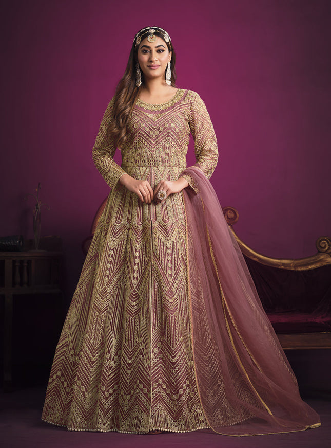 Fabulous Old Rose Net Embroidered Designer Pant Kameez