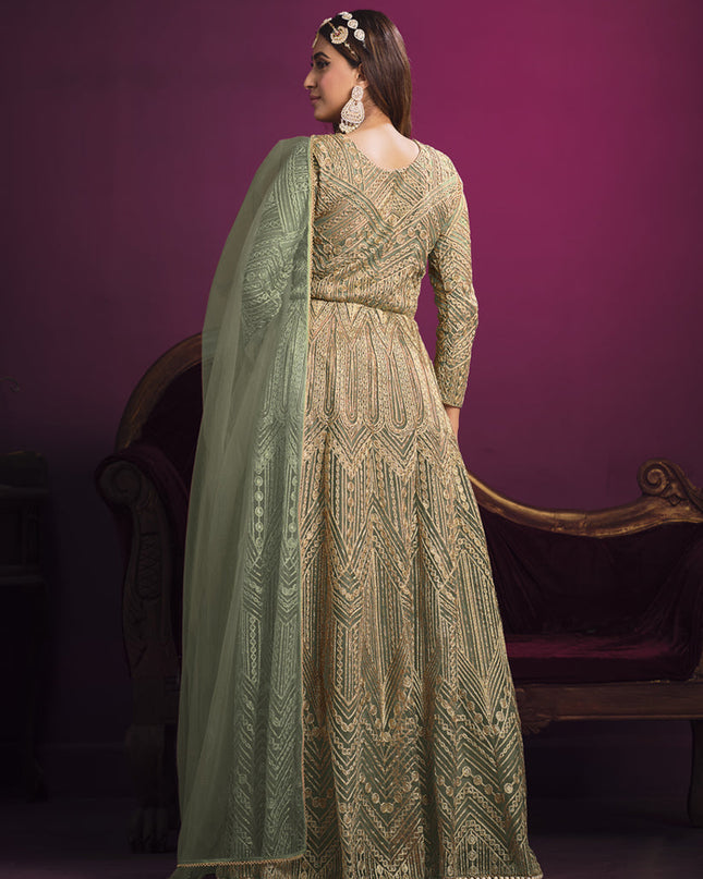 Astonishing Sage Green Net Embroidered Designer Pant Kameez
