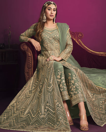 Astonishing Sage Green Net Embroidered Designer Pant Kameez