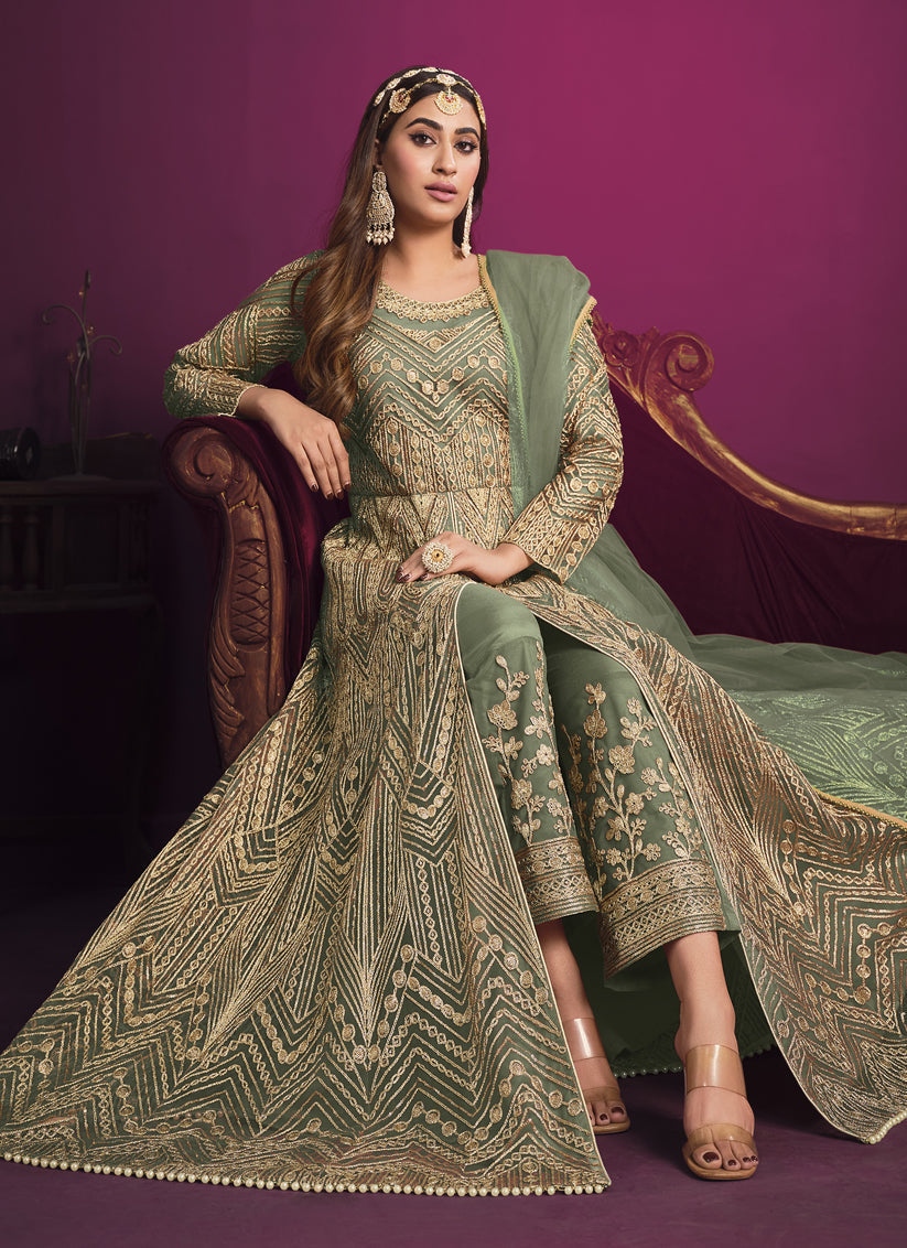 Astonishing Sage Green Net Embroidered Designer Pant Kameez