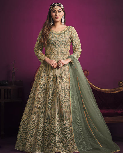 Astonishing Sage Green Net Embroidered Designer Pant Kameez