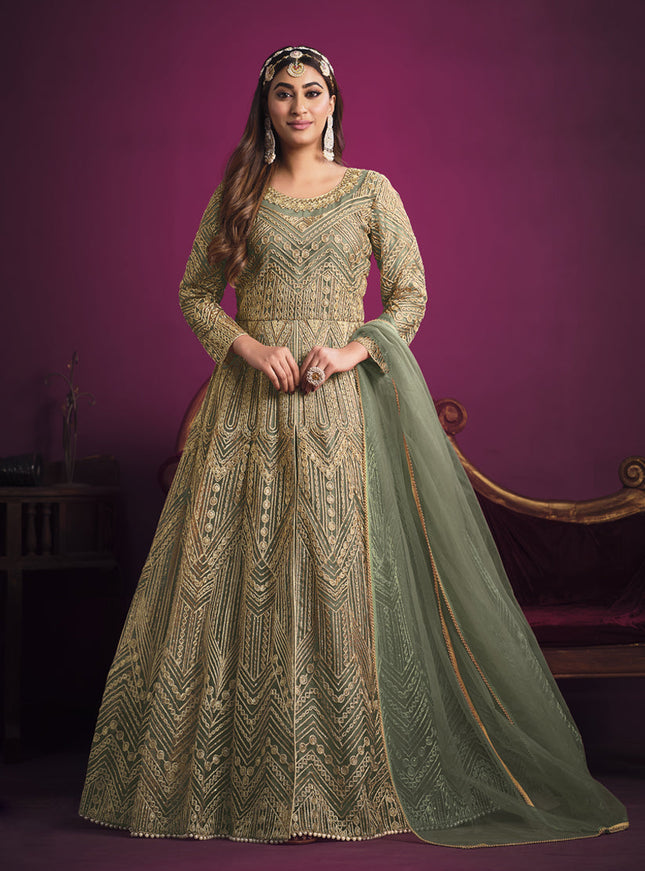 Astonishing Sage Green Net Embroidered Designer Pant Kameez
