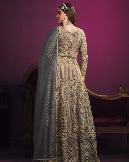 Lovely Slate Grey Net Embroidered Designer Pant Kameez