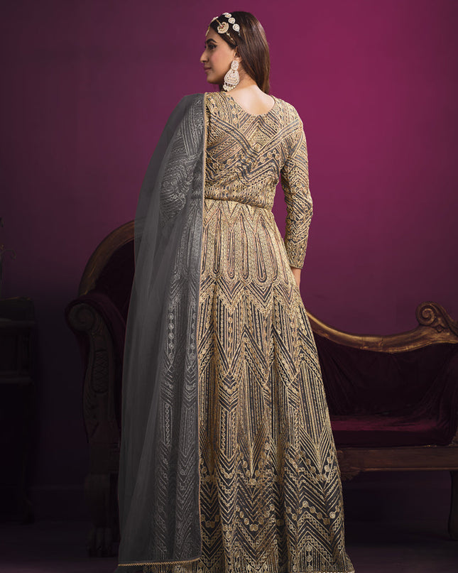 Lovely Slate Grey Net Embroidered Designer Pant Kameez