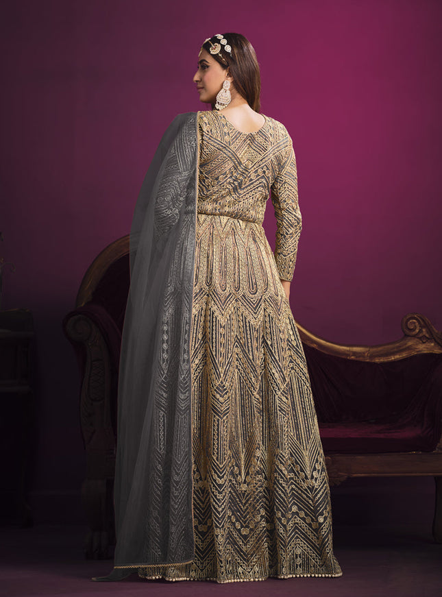 Lovely Slate Grey Net Embroidered Designer Pant Kameez