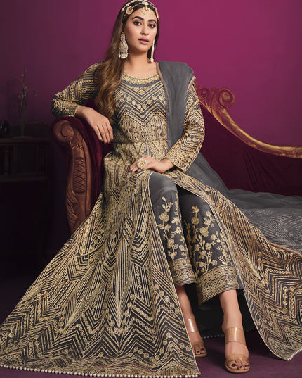 Lovely Slate Grey Net Embroidered Designer Pant Kameez