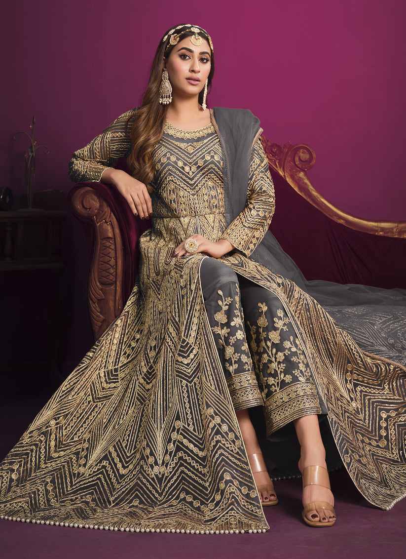 Lovely Slate Grey Net Embroidered Designer Pant Kameez