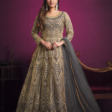 Lovely Slate Grey Net Embroidered Designer Pant Kameez