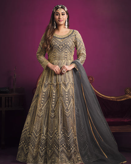 Lovely Slate Grey Net Embroidered Designer Pant Kameez