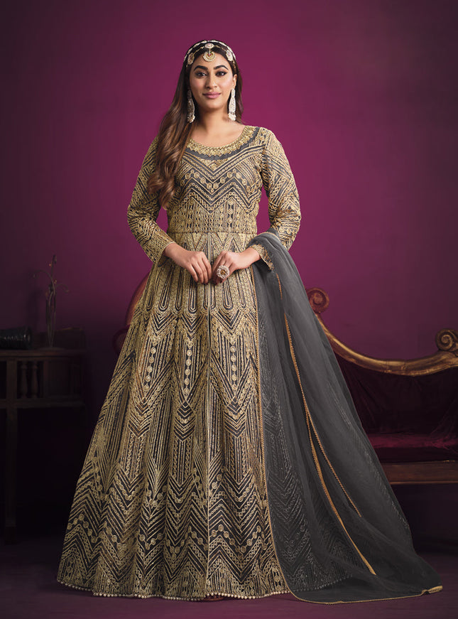 Lovely Slate Grey Net Embroidered Designer Pant Kameez