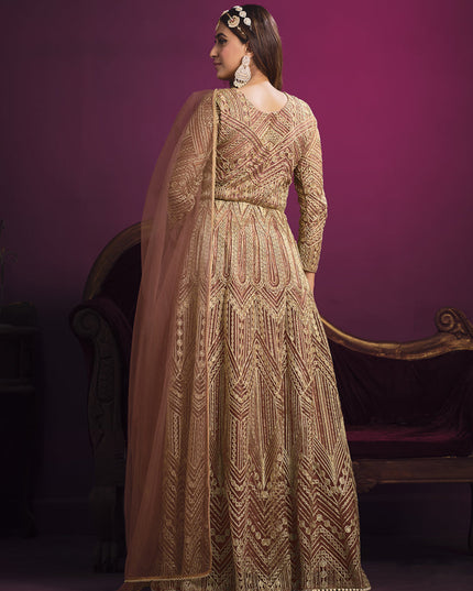 Mesmerizing Rose Gold Net Embroidered Designer Pant Kameez