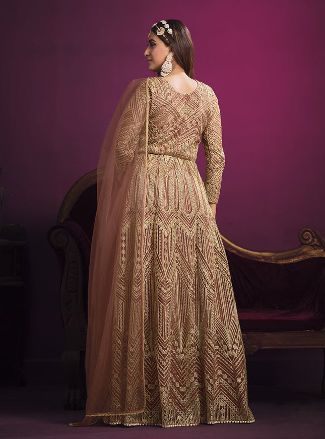 Mesmerizing Rose Gold Net Embroidered Designer Pant Kameez
