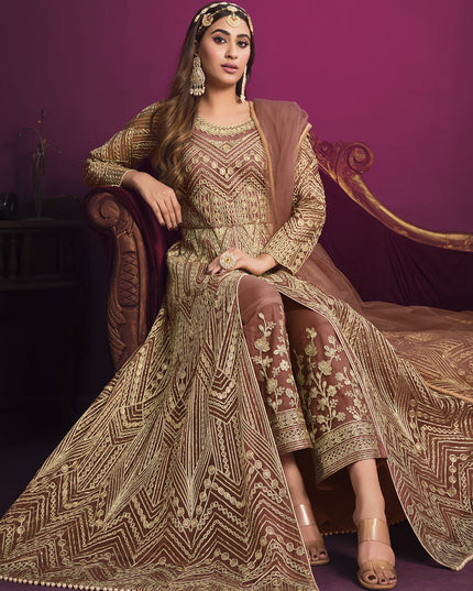 Mesmerizing Rose Gold Net Embroidered Designer Pant Kameez
