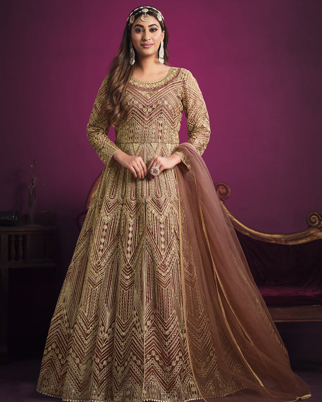 Mesmerizing Rose Gold Net Embroidered Designer Pant Kameez