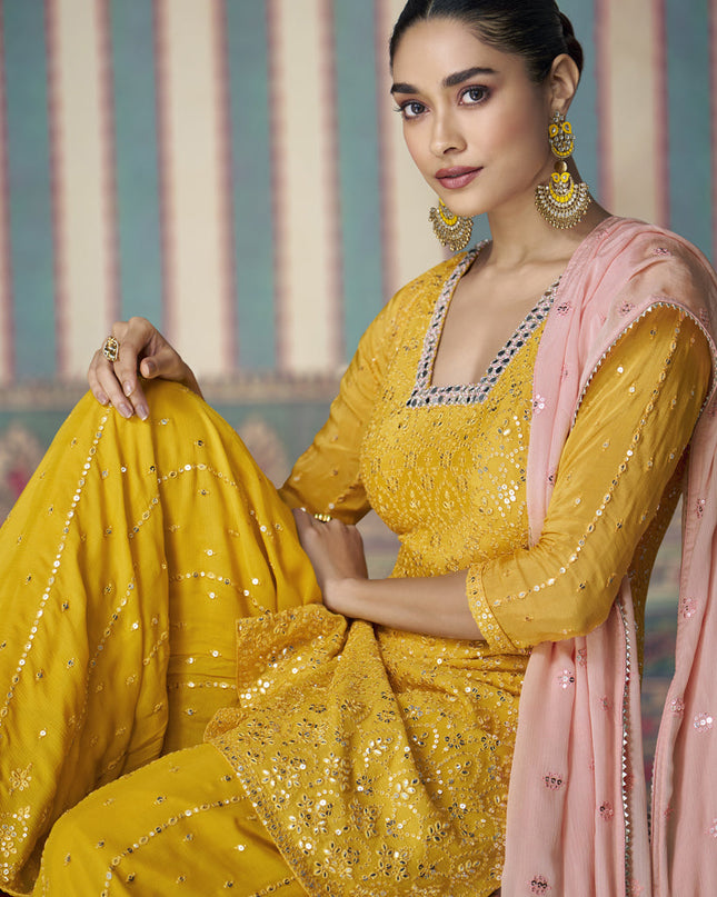 Sunny Yellow Chinnon Silk Embroidered Palazzo Kameez