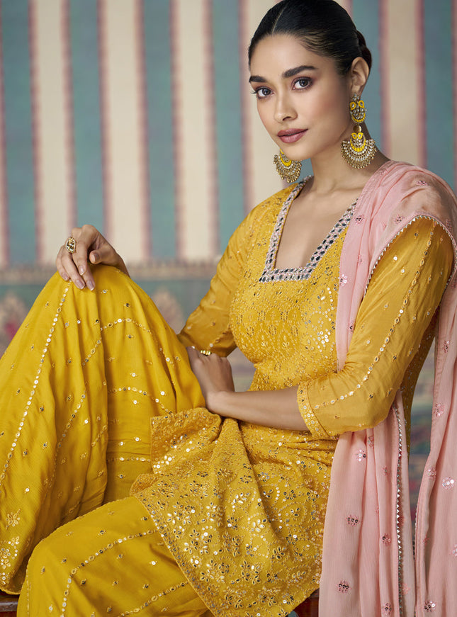 Sunny Yellow Chinnon Silk Embroidered Palazzo Kameez
